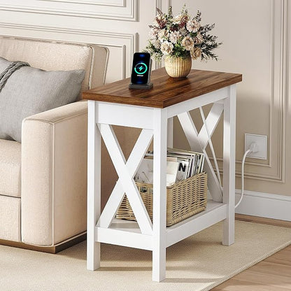 HOOBRO End Table with Charging Station, Farmhouse Narrow Side Table, 2-Tier