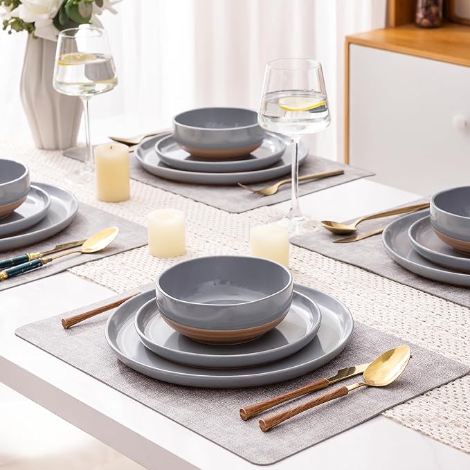 AmorArc Ceramic Dinnerware Sets for 8, 24 Pieces Handpainted Plates and Bowls Set with Rustic Terracotta Underside, Scratch Resistant Stoneware Dishes Set, Dishwasher & Microwave Safe