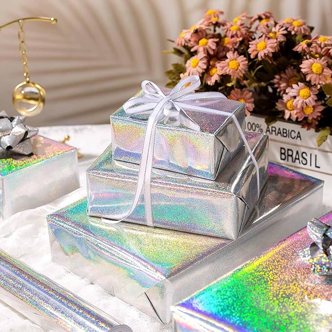 Burymento Silver Wrapping Paper Roll, Metallic Holographic Point Gift Wrap for Birthday, Valentines, Mothers day, Graduation, Wedding, Fathers day, Baby Shower, Christmas (17 IN x 32.8 FT)
