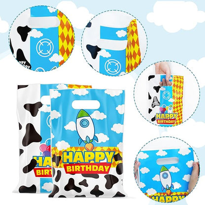 CHENRINDECO 50Pcs Cartoon Story Goodie Bags Cow Pattern Birthday Party Favor Bags Blue Sky White Cloud Plastic Bags with Handle for Toy Themed Birthday Party Supplies