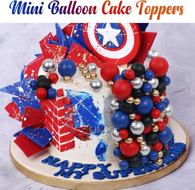 115 PCS Ball Cake Toppers - Mini Balloon Cake Decorations Foam Ball Cupcake Picks DIY Cake Insert Toppers for Birthday Party Wedding Baby Shower (Blue,Red,Black,Silver)
