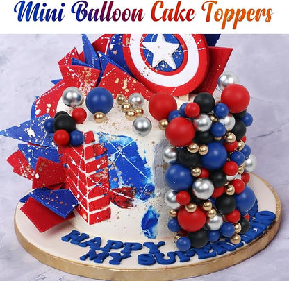 115 PCS Ball Cake Toppers - Mini Balloon Cake Decorations Foam Ball Cupcake Picks DIY Cake Insert Toppers for Birthday Party Wedding Baby Shower (Blue,Red,Black,Silver)