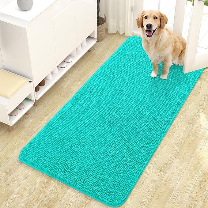 OLANLY Dog Door Mat for Muddy Paws 47x24, Absorbs Moisture and Dirt, Absorbent Non-Slip Washable Doormat, Quick Dry Chenille Mud Mat for Dogs, Entry Indoor Entryway Carpet for Inside Floor, Teal