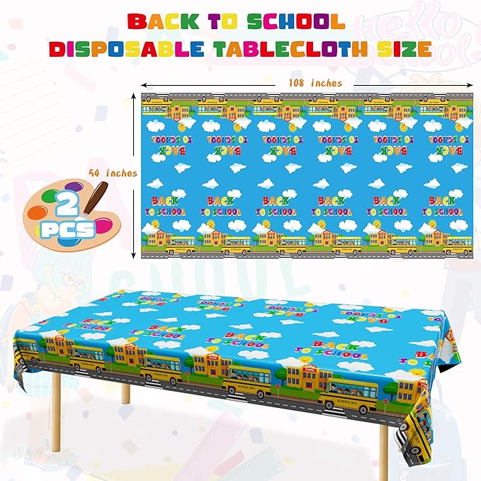 Back to School Supplies, 2 PCS 108 x 54 Inches First Day of School Tablecloth, Disposable Colorful Welcome Back to School Plastic Rectangle School Bus Pattern Tablecover for Preschool Party Decoration