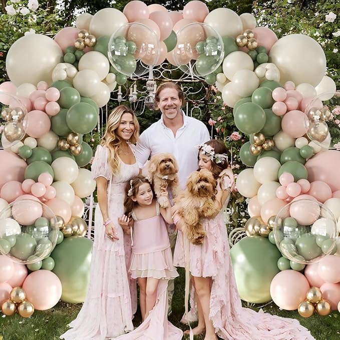 Sage Green Pink Gold Balloon Arch Kit 132Pcs Sage Green Pink Peach Ivory White Gold Clear Balloons for Boho Wildflower Baby Shower Bridal Shower Birthday Party Tea Party Decorations
