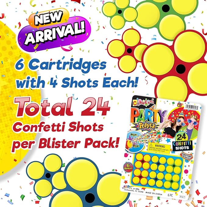 JA-RU Confetti Poppers Refills (24 Packs) – Refill Cartridges Compatible with JA-RU Confetti Popper Gun, Multicolored Confetti, Bulk Party Celebration Supplies | 956-24s
