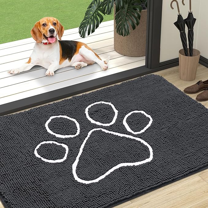 OLANLY Dog Door Mat for Muddy Paws 47x32, Paw Print Design, Absorbs Moisture and Dirt, Absorbent Non-Slip Washable Doormat, Quick Dry Chenille Mud Mat for Dogs, Entry Indoor Entryway Carpet, Dark Grey