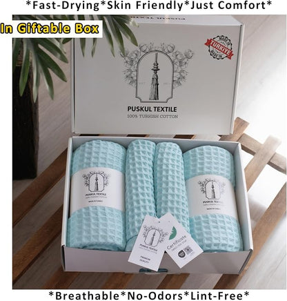 PÜSKÜL 4-Piece Natural 100% Turkish Cotton Luxury Waffle Towels for Bathroom | Premium Honeycomb Weave 2 Hand Towel & 2 Bath Towel Set | Soft Absorbent Quick-Dry Lightweight Towels (Turquoise)