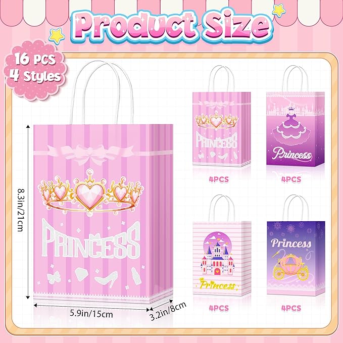 16Pcs Princess Goodie Bags, Pink Princess Party Favor Bags with Handles, 4 Styles Paper Thick Bottom Reusable Castle Treat Candy Gift Bags for Party Decorations Birthday Supplies Baby Shower Wedding(16)