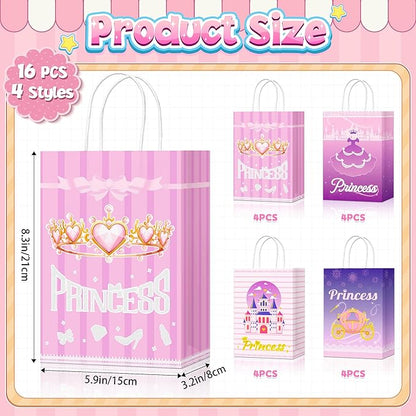 16Pcs Princess Goodie Bags, Pink Princess Party Favor Bags with Handles, 4 Styles Paper Thick Bottom Reusable Castle Treat Candy Gift Bags for Party Decorations Birthday Supplies Baby Shower Wedding(16)