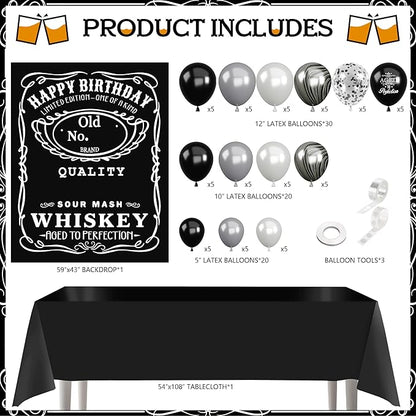 Whiskey Birthday Decorations for Men Aged to Perfection Birthday Party Supplies with Backdrop Tablecloth Whiskey Bar Banner Balloon Garland Poster for Men Adult Beer Party Decor