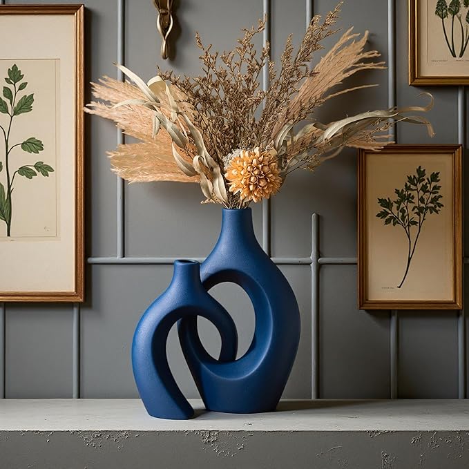 Levvohd Snuggle Hollow Ceramic Vase Set of 2, 11 inch Modern Nordic Coastal Shaped Pampas Grass Aesthetic Decorative Table Vases for Living Room Shelf Home Decor (Matte Navy Blue -L)