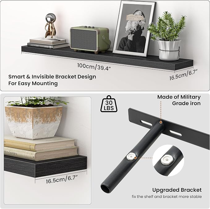 Heimlove Floating Shelves for Wall 40 Inch,Mounted Storage & Display Hanging Shelf with Invisible Brackets,for Bedroom,Living Room,Kitchen,Office,Set of 2,Black