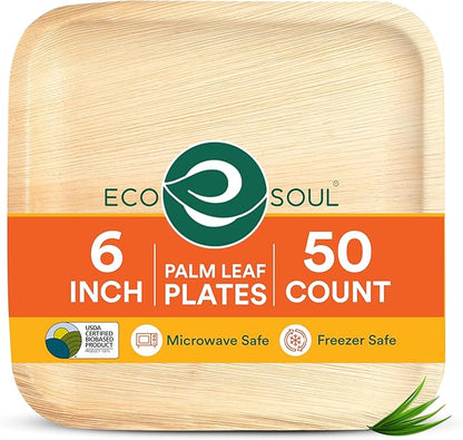 ECO SOUL 6 Inch Disposable Palm Leaf Plates [50 Pack] Premium Food-Safe Heavy Duty Compostable Bamboo Paper Plates for Dessert, Dinner, Apetizers, Weddings, Party, Camping & Catering Events [Square]