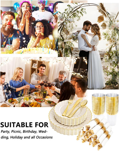 YOUBET 350PCS Ivory Scalloped Plastic Plates - Ivory and Gold Disposable Dinnerware Set Include 100 Plates, 150 Gold Silverware, 50 Cups, 50 Napkins for Wedding & Party & Thanksgiving