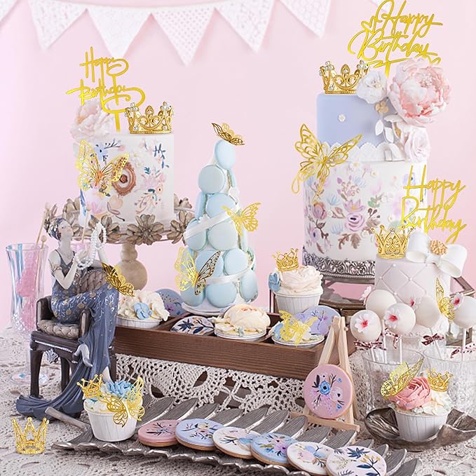 44 PCS Gold Crown Cake Decoration 16 PCS Mini Crown Tiny Crown with 24 PCS Butterfly Wall Decors and 4 PCS Birthday Cake Topper for Women Girl Crown Birthday Party Wedding Cake Decor