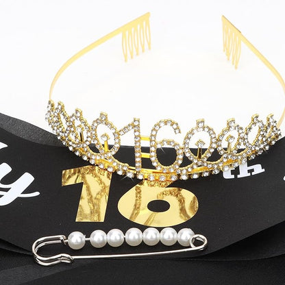 CAVETEE Gold Birthday Crown and Tiara for Women, Sash for Girls - Birthday Party Decoration