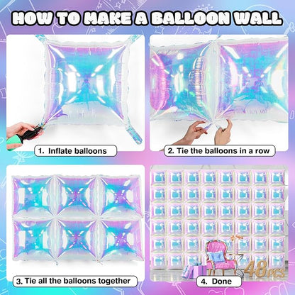 NISOCY 48PCS Iridescent Square Foil Balloons Wall Backdrop Holographic Balloons Tunnel Garland Arch Kit for Birthday Wedding Graduation Bridal Baby Shower New Year Rainbow Party Decorations