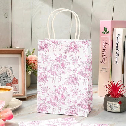 JarThenaAMCS 24Pcs Pink Floral Paper Bag Vintage Flower Candy Treat Bags with Handles Chinoiserie Grocery Shopping Bag for Birthday Wedding Party Favors Supplies