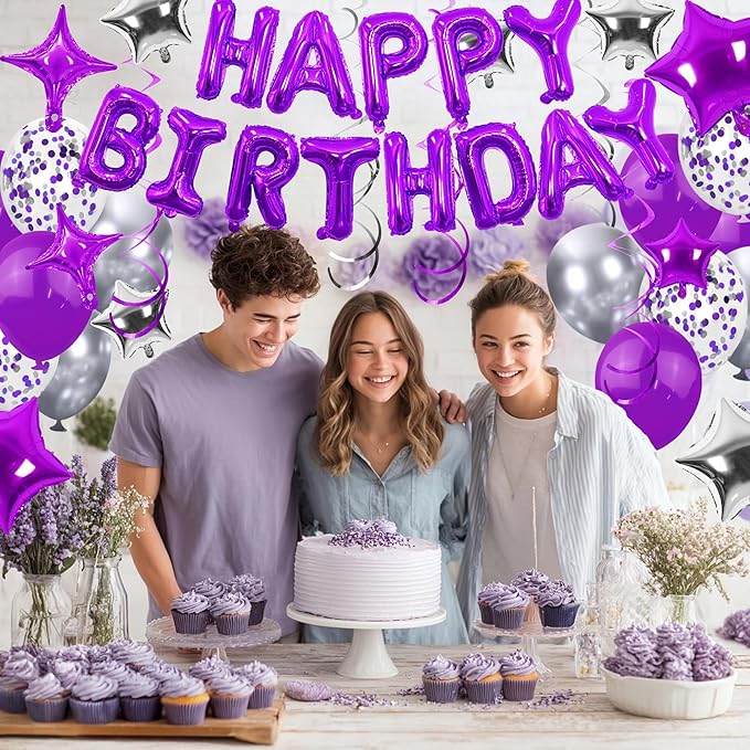 56 PCS Happy Birthday Balloons Happy Birthday Banner Purple and Silver Balloons for Boys Men Girls Women 16th 18th 20th 21st 25th 30th 40th 50th 60th Birthday Party Decorations