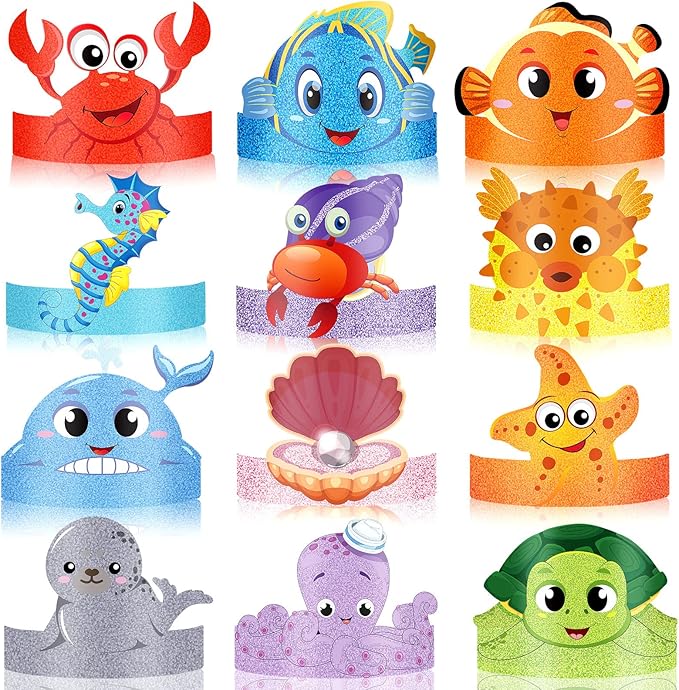 24 Pcs Under the Sea Party Hats - Ocean Theme Headbands for Girls and Kids, Sea Animals Paper Crowns for Birthday Decoration