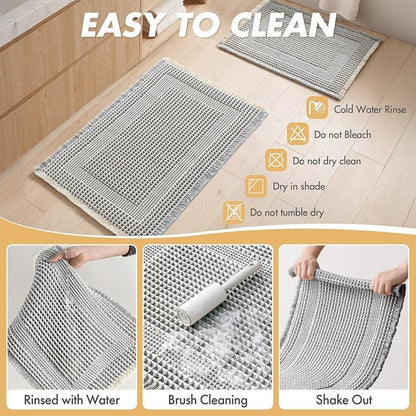 MIULEE Set of 2 Waffle Bathroom Rugs, Boho Bath Rug Super Absorbent, Non Slip Washable Ultra Soft Rubber Backed Shower Bath Mats for Floor, Tub, Looped Design, Lightgrey & Cream, 17"x24"+18"x30"