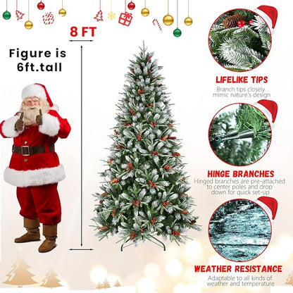 8FT Frosted Artificial Christmas Tree with 2850 PE+PVC Branch Tips, Realistic Unlit Christmas Tree with Red Berry and Pine Cone, Memory Wire Hinged Full Xmas Tree with Metal Base for Party, Holiday