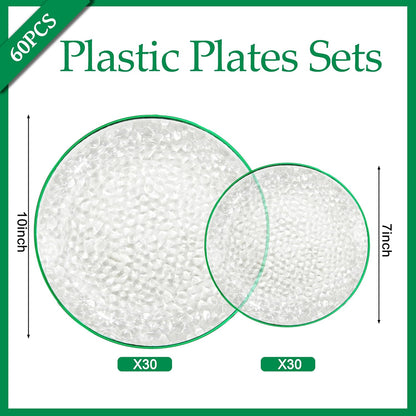 Rubtlamp 60Pcs Green Plastic Plates, Clear Plastic Disposable Plates With Green Rim, Heavy Duty Fancy Hammered Party Plates Include 30 Dinner Plates,30 Salad Plates For Christmas