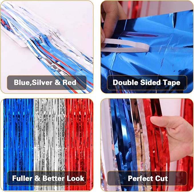 PIGETALE, 2 Pack 3.2 x 8.2 ft Red White and Blue Foil Fringe Backdrop Curtain, Streamer Backdrop Tinsel Curtains Photo Booth Props for Graduation Birthday Memo