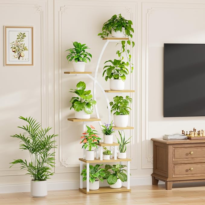 Plant Stand Indoor with Grow Lights, 8 Tiered Tall Plant Shelf for Indoor Plants Multiple, 65" Large Corner Shelves Metal Curved Flower Holder Display Rack for Living Room Patio Balcony, White
