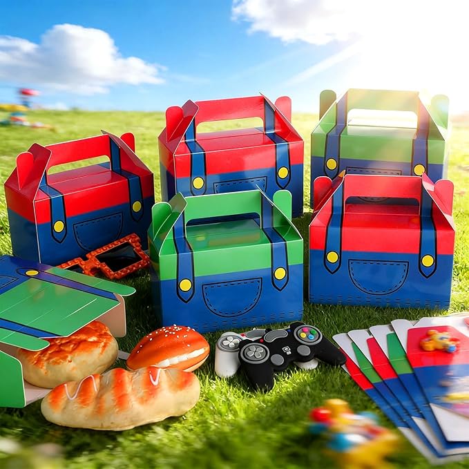 Game Themed Party Gift Boxes Super Theme Brothers Party Treat Paper Boxes Supplies Games Bros Paper Box Gamer Parties Supplies Blue Overalls Parties Favor Birthday Gift Box for Girls and Boys 24Pcs