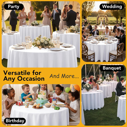 10-Pack White Round Tablecloths, 108 Inches, Stain-Resistant Polyester for 4-5 Ft Round Tables - Washable Table Covers for Weddings, Banquets, Birthday Parties, Events
