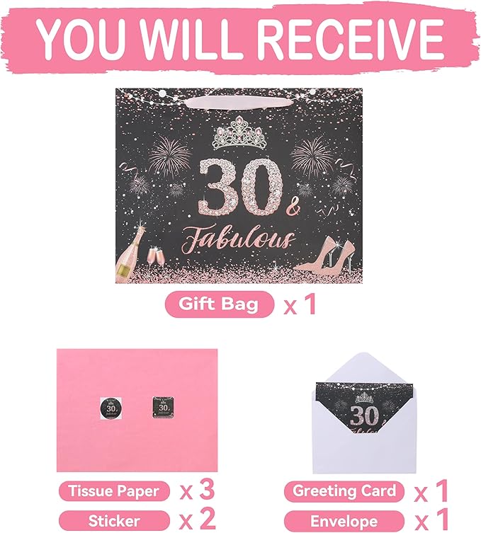 wishinside 13'' Large 30th Birthday Gift Bag Set with Handles, Greeting Card, Pink Tissue Papers and Stickers for 30 Year Old, Her, Women, Sister, Daughter, Best Friend, Tiara Design, 1 Pcs