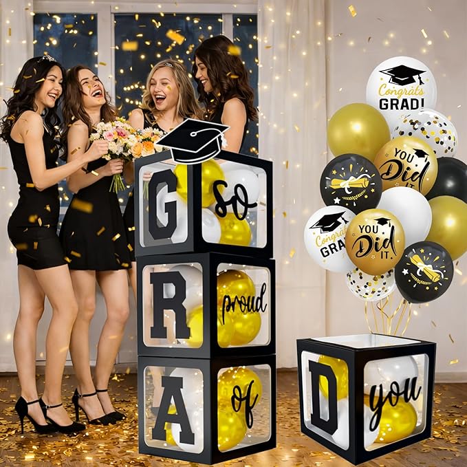 2026 Graduation Decorations - Black Balloon Boxes with Letters 2026 Grad & So Proud of You and Black White Gold Print Balloons, Graduation Party Decorations Class of 2026 for Any Grades(Black)