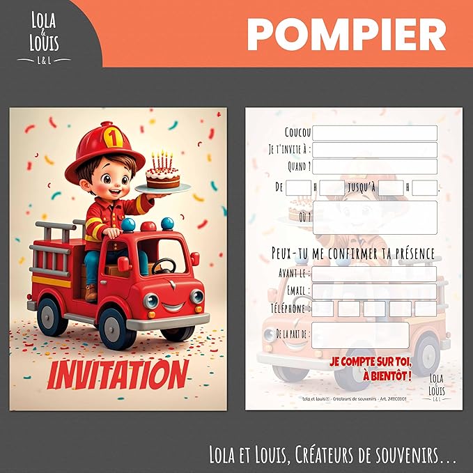 Lola and Louis® • 10 Children's Invitation Cards with Envelopes • Fire Truck Theme for Birthday and Parties • Easy to Fill • Girl and Boy Invitations • Thick Premium Quality Paper