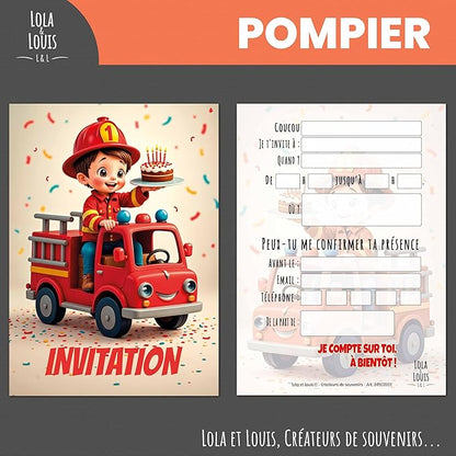 Lola and Louis® • 10 Children's Invitation Cards with Envelopes • Fire Truck Theme for Birthday and Parties • Easy to Fill • Girl and Boy Invitations • Thick Premium Quality Paper