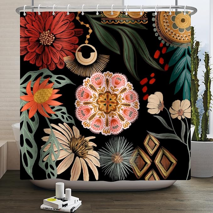 Black Boho Floral Shower Curtain Abstract Botanical Mid Century Modern Bathroom Decor Tropical Flower Shower Curtain with 12 Hooks,72x96 inches