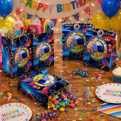 EomkuDzG 16 PCS Blue Hedgehog Video Game Party Favor Bags with Stickers, Birthday Goodie Gift Candy Treat Bags, Blue Gold Ring Gamer Theme Party Supplies