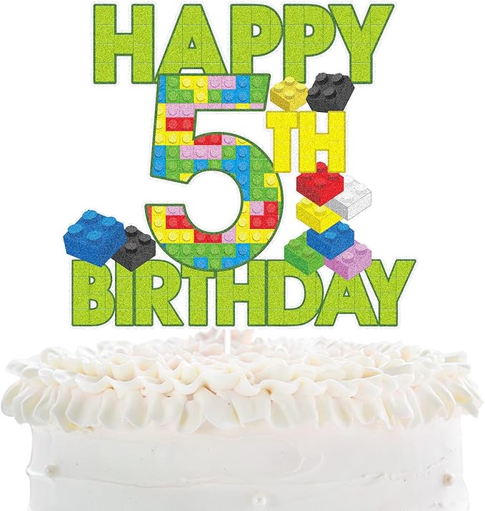 Happy 5th Birthday Building Block Cake Topper - Puzzle Games Boy's 5th Birthday Party Green Cake Topper Supplies - Building Block Party Decoration For Boy