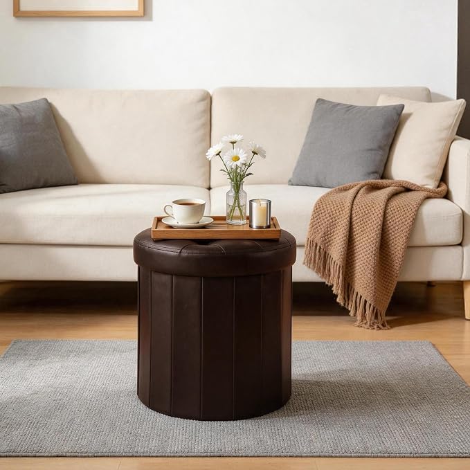 CAROLMADE Round Storage Ottoman, PU Leather Folding Footrest Stool