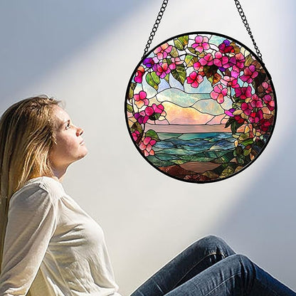 Stained Glass Window Hanging, Purple Flower Landscape Wreath Sun Catcher for Door Home Decor Plants Suncatcher Christmas Mother's Day Birthday Gifts for Women Men Mom Nana 7.8 in