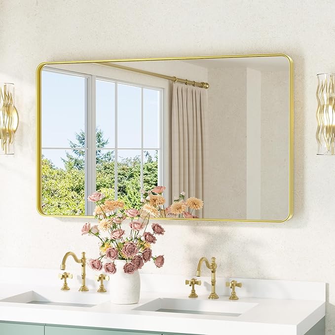TETOTE Brushed Gold Bathroom Mirror 40 x 24 Gold Metal Framed Bathroom Mirror, Tempered Glass, Modern Farmhouse Wall Mounted Mirror for Decorative(Horizontal/Vertical)