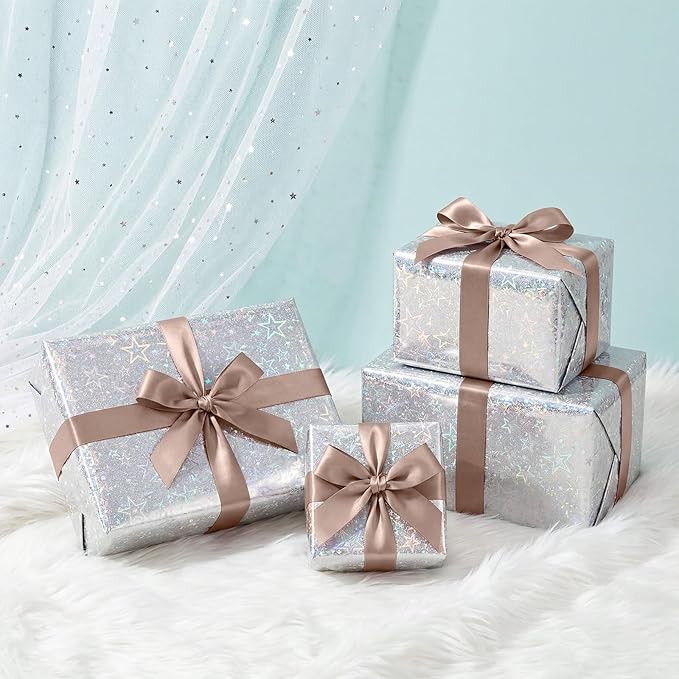 Bafeil Silver Holographic Star Wrapping Paper Roll with Ribbon, Metallic Shiny Gift Wrap, 17 in x 32.8 ft, Sparkly Silver Wrapping Paper for Birthday, Wedding, Graduation, Baby Shower & Holiday Gifts
