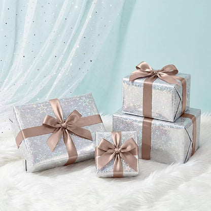 Bafeil Silver Holographic Star Wrapping Paper Roll with Ribbon, Metallic Shiny Gift Wrap, 17 in x 32.8 ft, Sparkly Silver Wrapping Paper for Birthday, Wedding, Graduation, Baby Shower & Holiday Gifts