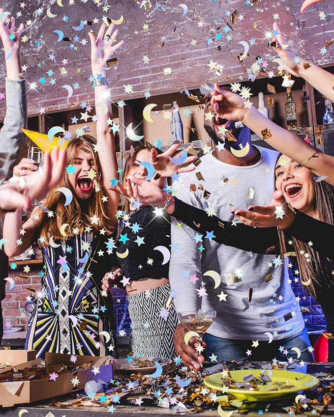 4000 Pcs Star Confetti, Glitter Confetti, Holographic Metallic Star Glitter, Holographic Moon for Party Decorations, Wedding, Birthday, Festival, DIY, Unicorn Theme, Silver, 10mm