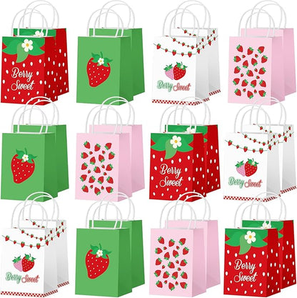 Outus 24 Pcs Strawberry Party Favor Bags Summer Strawberry Gift Bags Cute Strawberry Goodie Candy Paper Bags with Handles for Kids Berry First Birthday Party Supplies Baby Shower Wedding Decoration