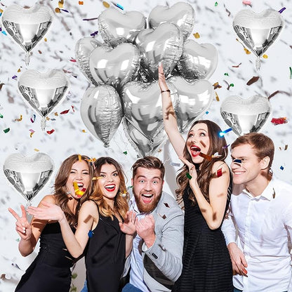 Silver Heart Foil Balloons, 10 Pcs Silver Heart Shape Balloons, 18Inch Metallic Heart Foil Balloon for Birthday Valentine Wedding Baby Shower Bridal Shower Graduation New Year Party Decorations