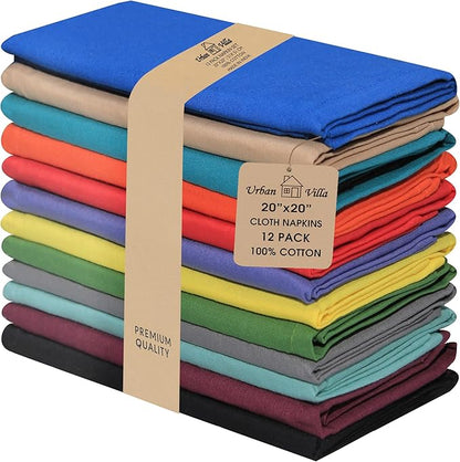 Urban Villa Cloth Napkins Set of 12 20x20 Inches 100% Cotton Napkins Cloth Washable Soft Durable Reusable Absorbent Table Dinner Napkins Cloth for Hotel Lunch Restaurant Weddings Parties-Multi Color