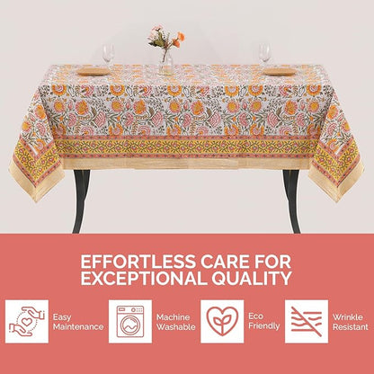 Labhanshi Indian Block Print Floral Table Cloth|Cotton 6-Seater 60x90 Inch Rectangle Washable Dinner Picnic Table Cloth|Cocktail Parties Wedding Spring Easter Table Decor|White Marigold