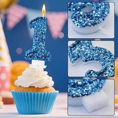 Zailo Birthday Number Candles, Glitter Number Candle Cake Decorations with Sequins, Cupcake Decorations for Girls, Women, Party Anniversary Celebrations (Number 1, Blue)